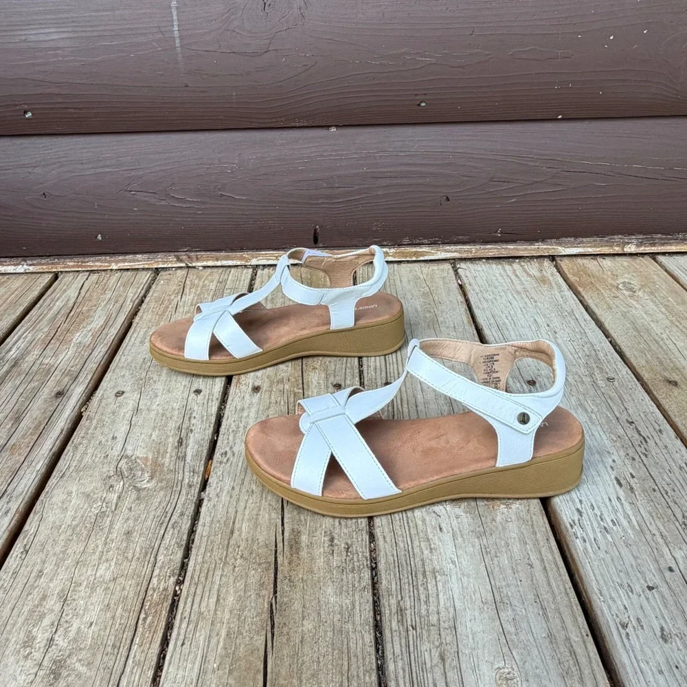 Lands' End Wedge Sandals Womens 11B White T-Strap Comfort Summer Shoes‎
